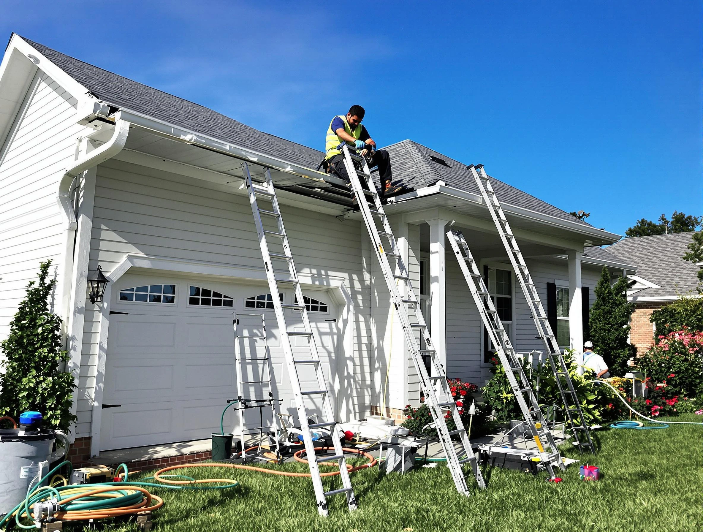 Removal of old gutters by Brook Park Roofing Company to install new system in Brook Park, OH